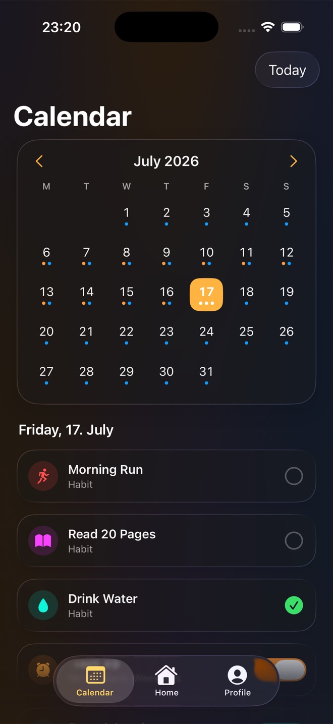 FormTwin Habits calendar — FormTwin training days marked in orange alongside reminders in blue