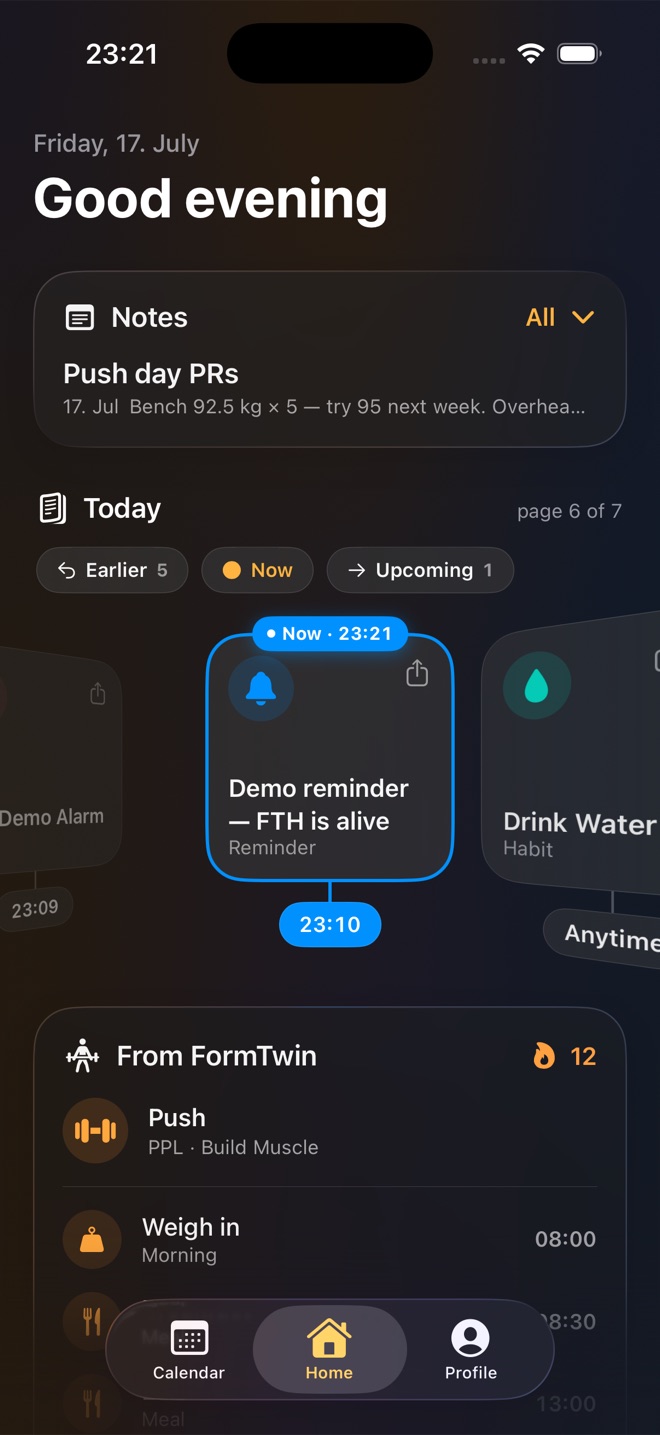 FormTwin Habits home screen — today as a turnable book of habits, reminders and alarms, with FormTwin training synced below