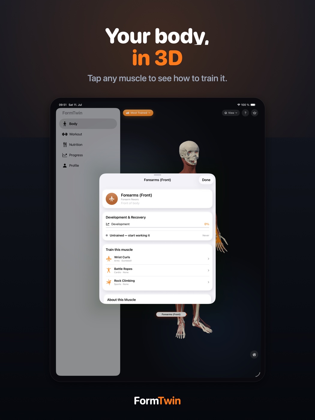 FormTwin on iPad showing the large 3D anatomy model with a sidebar and a muscle detail sheet