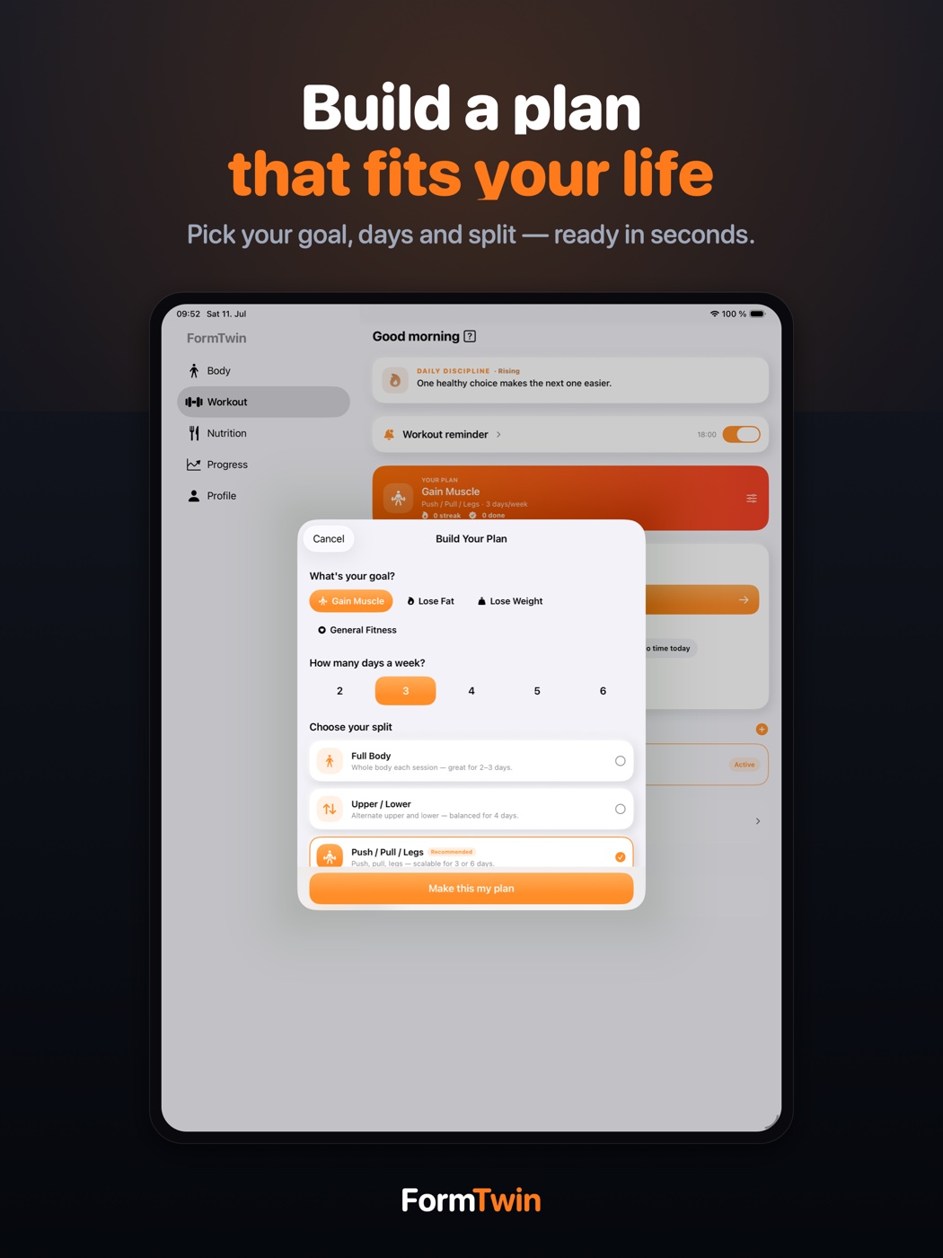 FormTwin workout plan on iPad listing the day's exercises with target sets and reps