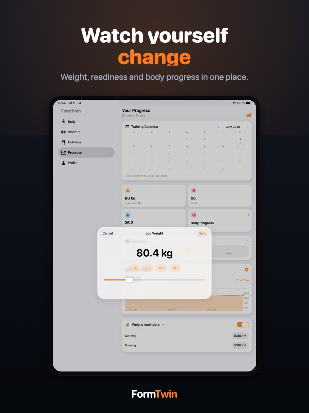 FormTwin progress and readiness dashboard on iPad with body weight and recovery charts