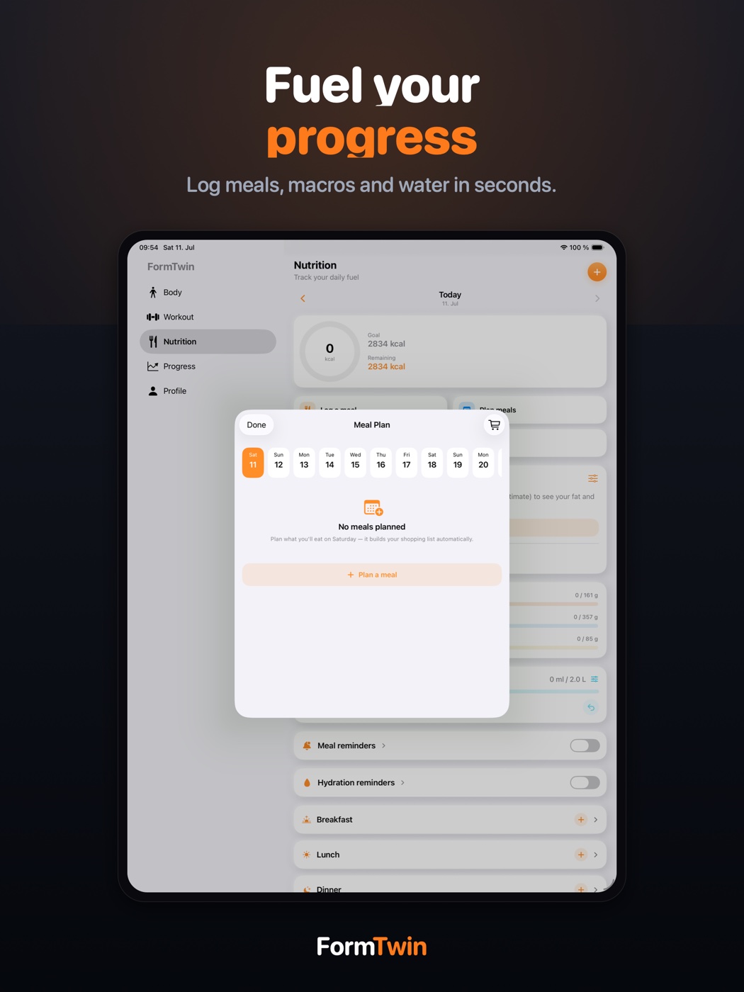 FormTwin nutrition tab on iPad with meal logging, macros, body composition and a water tracker