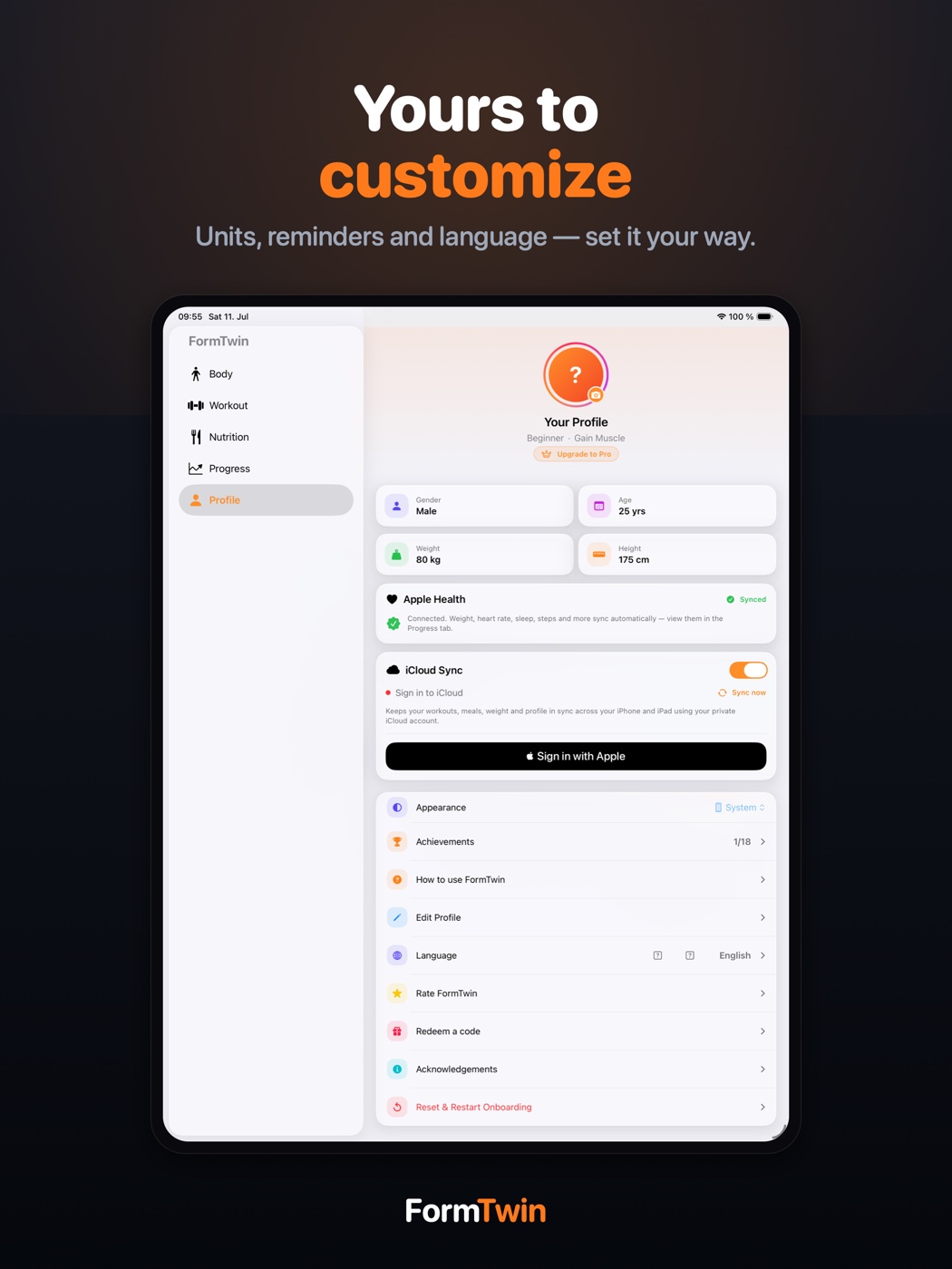 FormTwin profile and settings on iPad — units, reminders, language and Apple Health sync