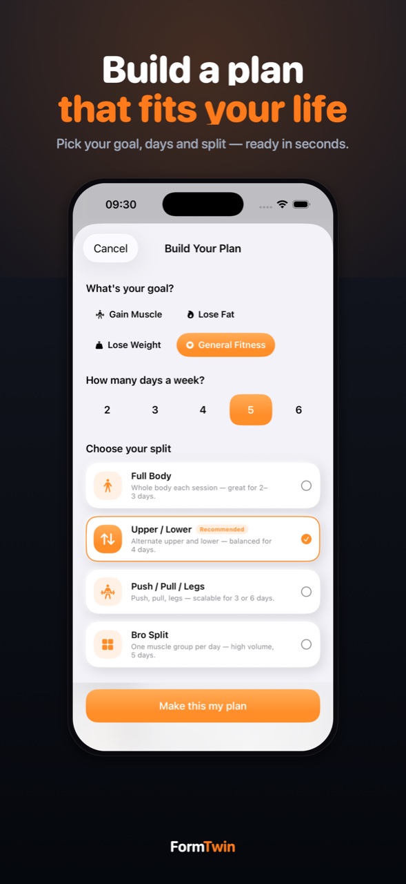 FormTwin workout plan builder on iPhone — pick a goal, training days per week and a split such as Upper/Lower or Push-Pull-Legs