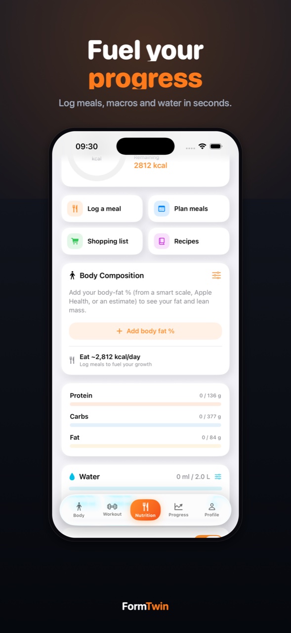 FormTwin nutrition tab on iPhone with a calorie ring, protein-carb-fat macros, body composition and a water tracker measured in litres
