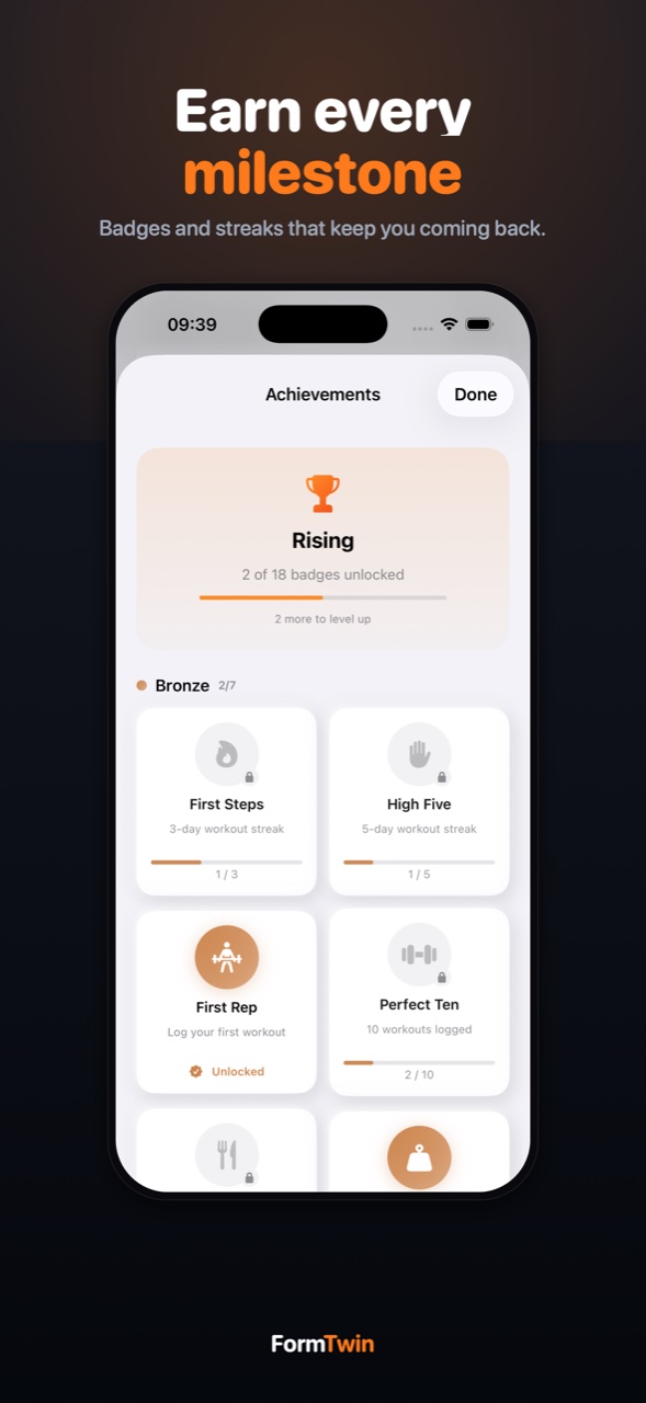 FormTwin achievements screen on iPhone with milestone badges from Bronze to Elite and workout streaks