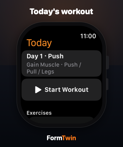 FormTwin Apple Watch app showing today's workout plan with a Start Workout button