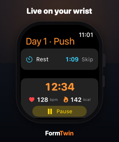 FormTwin Apple Watch live workout with a rest timer, heart rate and active calories