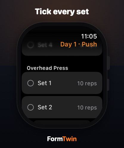 FormTwin Apple Watch set tracking — tick a circle to mark each set done, with automatic rep counting
